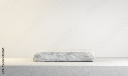 Fototapeta Naklejka Na Ścianę i Meble -  3d Rendering Minimal Debris Rock Podium Display, Floor Cement, White Background Illustration