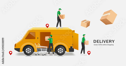 Several male couriers are unloading parcels box from a delivery van after customers put items in their shopping carts and paid for product,vector 3d isolated on white background for delivey concept