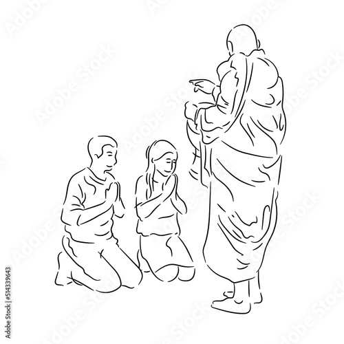 Black and white drawing of monks walking for alms in the morning, vector illustration and design.
