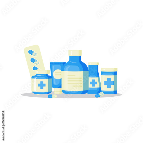 Medical bottle with label. Pill flat icon isolated on white background. Flat vector illustration.
