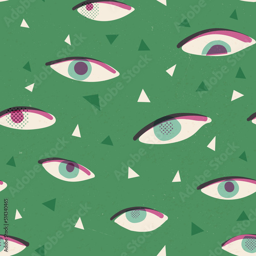 Modern Eyes seamless pattern with retro vibes. Esoteric, indigo, magic vision vector repeat. Mystical creature's eyes.