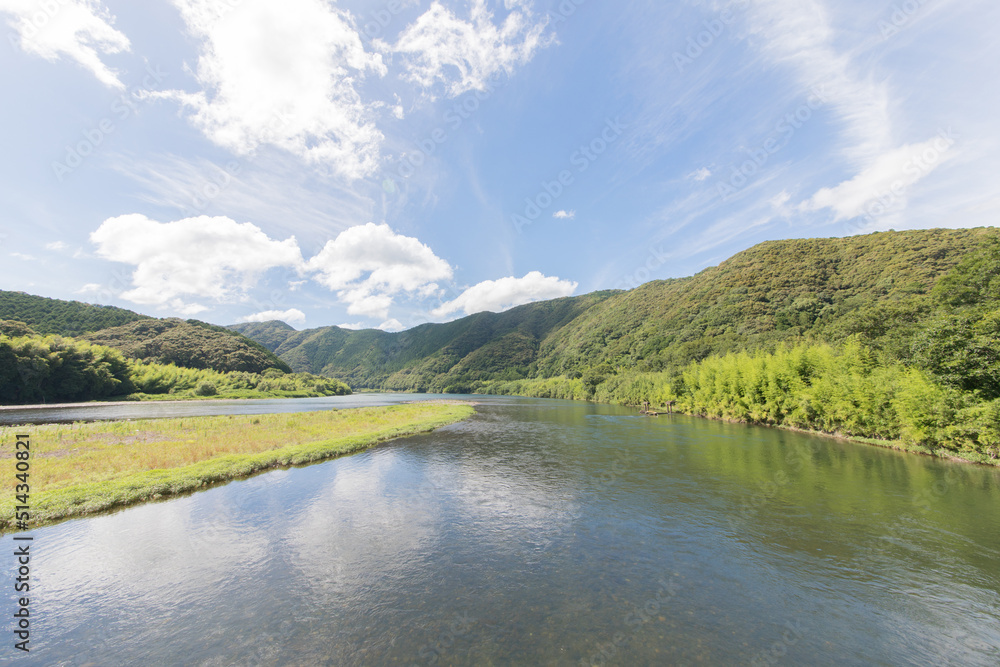 shimanto river with maountains and sky