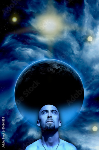 Blue man against planet in deep space