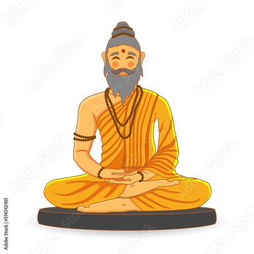 Guru, ascetic, sage, sadhu, saint, monk, yogi meditating concentrating. Saffron orange clothes sitting in yoga pose with Rudraksha beads. Traditional India - Asia festivals Vector illustration graphic