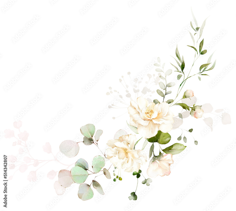 Obraz premium watercolor arrangements with garden flowers. bouquets with pink, yellow wildflowers, leaves, branches. Botanic illustration isolated on white background.