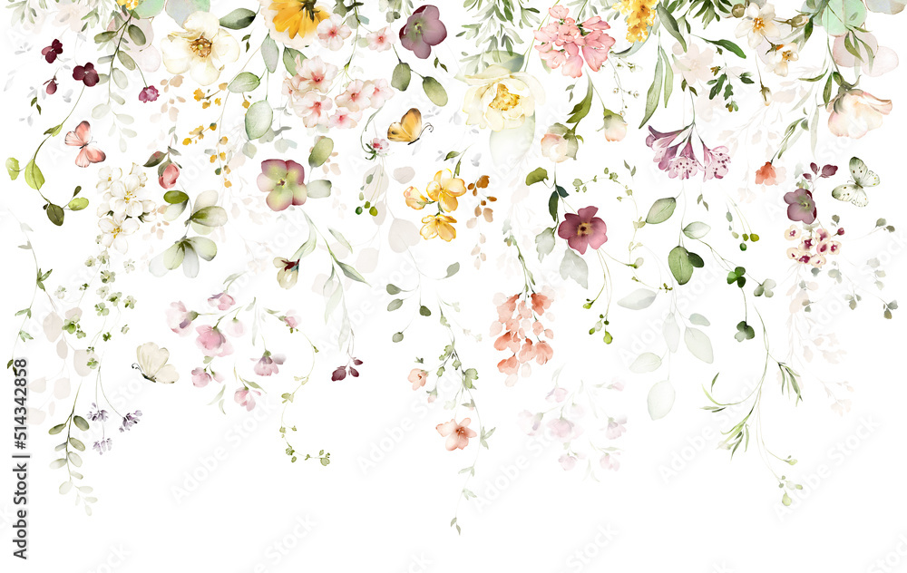 watercolor arrangements with garden flowers. bouquets with pink, yellow wildflowers, leaves, branches. Botanic illustration isolated on white background. - obrazy, fototapety, plakaty 