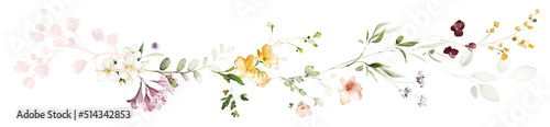 watercolor arrangements with garden flowers. bouquets with pink, yellow wildflowers, leaves, branches. Botanic illustration isolated on white background.