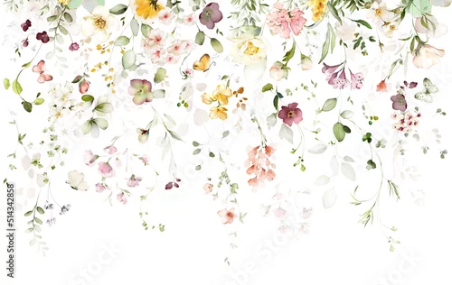 Obraz watercolor arrangements with garden flowers. bouquets with pink, yellow wildflowers, leaves, branches. Botanic illustration isolated on white background.