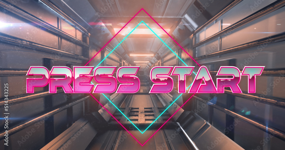 Fototapeta premium Image of press start text over moving digital tunnel