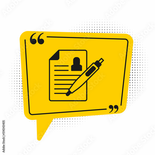 Black Resume icon isolated on white background. CV application. Searching professional staff. Analyzing personnel resume. Yellow speech bubble symbol. Vector