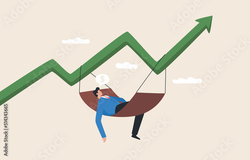 Passive income from crypto or stock. marketInvesting in mutual funds or other assets. Dividend stocks that yield.  .Businessman investors relax and sleep on cribs and growing graphs.