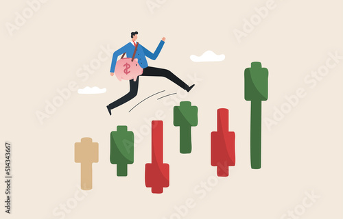Volatility stock market or Crypto currency. profit from trading. Overcome the risks of the investment crisis. .Businessman jumping from falling .candlestick to rising candlestick.