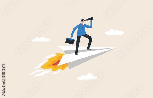 Business vision direction. Startup success growth upward trajectory and reaching goals.  Businessman holding binoculars standing on a paper plane.