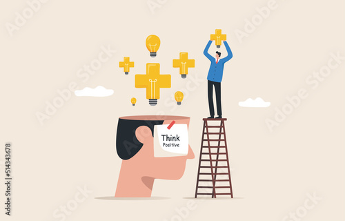 Think positive, look at the world optimistically. Good mental health will make life better. A businessman stands on a ladder and puts an idea light bulb on a giant human head.