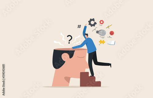 Change mindset or attitude. Create A Positive Mindset, For all things good. Coaching and Mentoring. .Young man cleaning his brain.