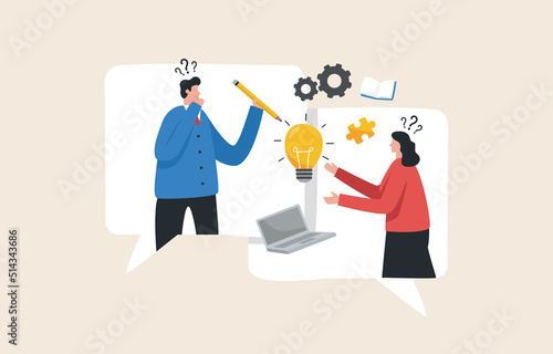 Communicate idea. Remote work collaboration. Online meeting. Conference video call. Giving opinions or brainstorming. .Male and female employees talking in the speech box.