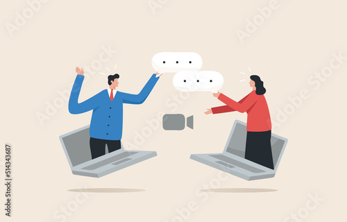 Video conference meeting. Remote work collaboration. Online meeting. .Long distance negotiations. Young man and woman video chat on laptop.