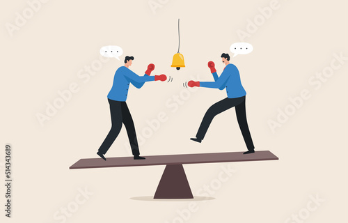 c business people. market share percentage. Quarrel with coworkers. Businessman with red boxing gloves ready to fight his coworker.