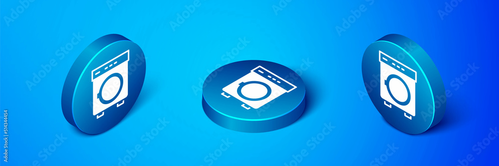 Isometric Washer icon isolated on blue background. Washing machine icon. Clothes washer - laundry machine. Home appliance symbol. Blue circle button. Vector Isometric Washer icon isolated on blue background. Washing machine icon. Clothes washer - laundry machine. Home appliance symbol. Blue circle button. Vector