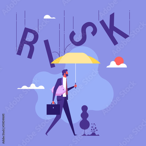 Property and capital insurance, man with umbrella stands over piggy bank, metaphor for protecting against risk of losing saving, cartoon flat vector illustration, fund safety from financial crisis con