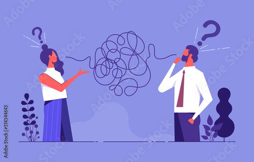 Problems in communication concept, misunderstanding create confusion in work, miscommunicate unclear message and information, businessman and woman have troubles with understanding each other