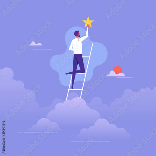Ladder of success or aspiration to achieve business goal concept, businessman climbing ladder reaching to the star and success