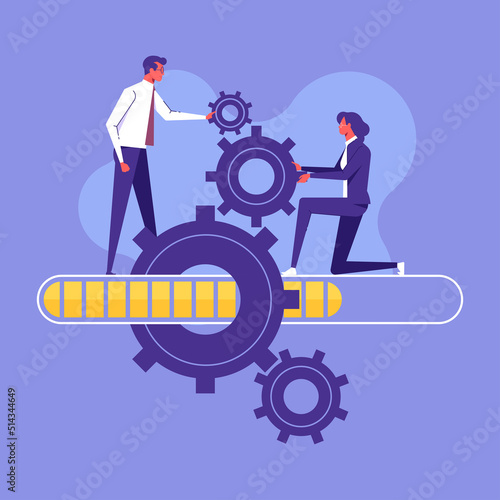 Work in progress - project management concept - team with gear box mechanism and loading indicator scale