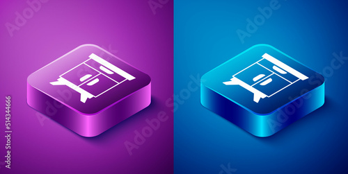 Isometric Furniture nightstand icon isolated on blue and purple background. Square button. Vector