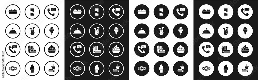 Set Food ordering, Chicken leg, Covered with a tray of food, Sandwich, Ice cream waffle cone, Soda can, Popcorn bowl and pizza icon. Vector