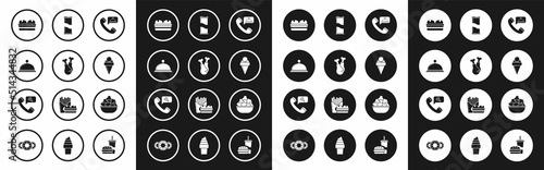 Set Food ordering, Chicken leg, Covered with a tray of food, Sandwich, Ice cream waffle cone, Soda can, Popcorn bowl and pizza icon. Vector