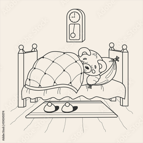 Cute bear sleeps in bed coloring page