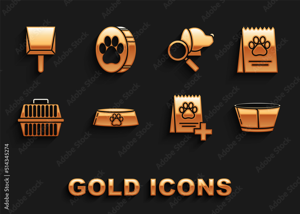 Set Pet food bowl for cat or dog, Bag of, Protective cone collar, carry case, Veterinary clinic symbol, Dustpan and Paw print icon. Vector Set Pet food bowl for cat or dog, Bag of, Protective cone collar, carry case, Veterinary clinic symbol, Dustpan and Paw print icon. Vector