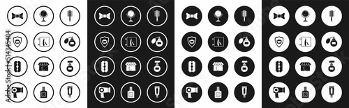 Set Hairbrush, Barbershop with razor, Mustache and beard on shield, Bow tie, Aftershave, Hand mirror, Cream lotion cosmetic tube and Blade icon. Vector