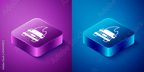 Isometric Burning car icon isolated on blue and purple background. Insurance concept. Car on fire. Broken auto covered with fire and smoke. Square button. Vector