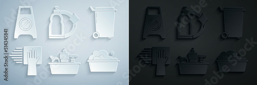 Set Plastic bottles for liquid dishwashing liquid, Trash can, Cleaning service, basin with soap suds, and Wet floor and cleaning progress icon. Vector