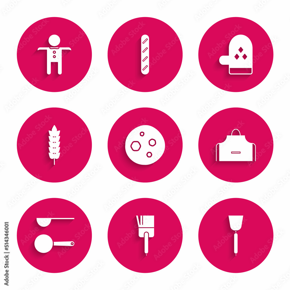 Set Cookie or biscuit with chocolate, Kitchen brush, Spatula, apron, Measuring spoon, Cereals rice, wheat, corn, oats, rye, Oven glove and Holiday gingerbread man cookie icon. Vector Set Cookie or biscuit with chocolate, Kitchen brush, Spatula, apron, Measuring spoon, Cereals rice, wheat, corn, oats, rye, Oven glove and Holiday gingerbread man cookie icon. Vector