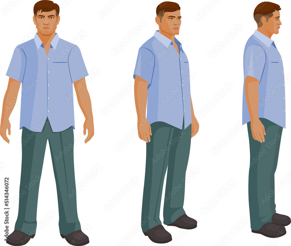 Male character turnaround Side, front, and One third front views Male character turnaround Side, front, and One third front views
