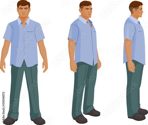 Male character turnaround Side, front, and One third front views