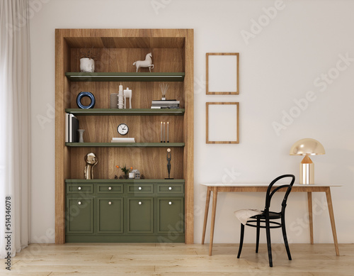 green and wood built-in book shelf cabinet in working room with English country style interior 3d render.
 photo