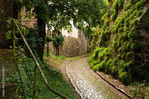 Historical cobble stone laid narrow street in Meissen, Germany