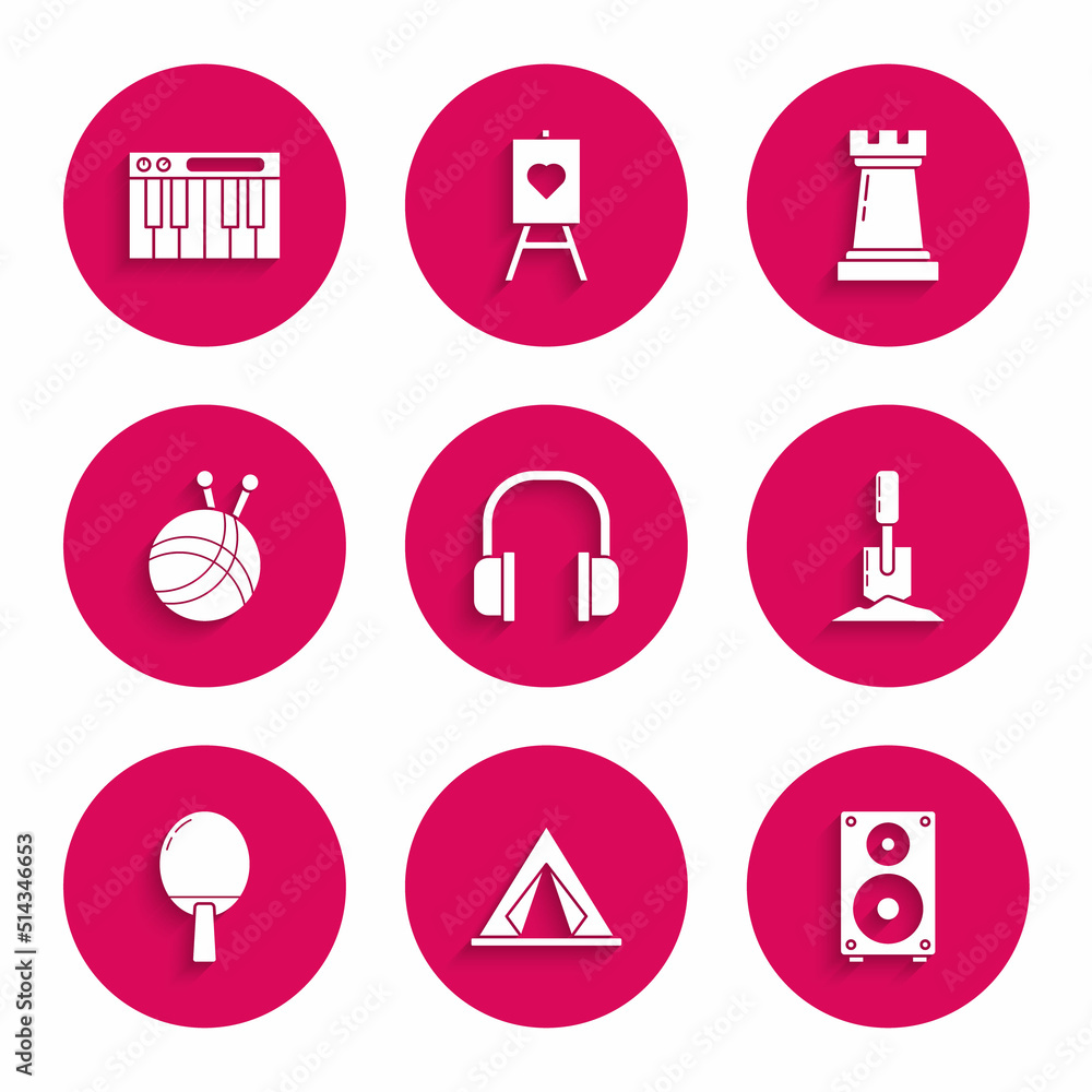 Set Headphones, Tourist tent, Stereo speaker, Shovel in the ground, Racket for playing table tennis, Yarn ball with knitting needles, Chess symbol and Music synthesizer icon. Vector Set Headphones, Tourist tent, Stereo speaker, Shovel in the ground, Racket for playing table tennis, Yarn ball with knitting needles, Chess symbol and Music synthesizer icon. Vector