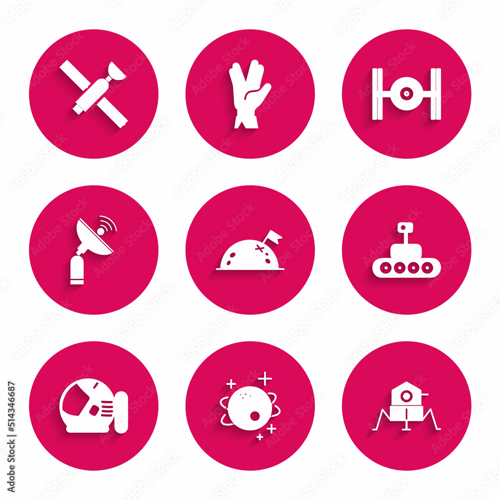 Set Planet with flag, Mars rover, Astronaut helmet, Radar, Cosmic ship and Satellite icon. Vector Set Planet with flag, Mars rover, Astronaut helmet, Radar, Cosmic ship and Satellite icon. Vector