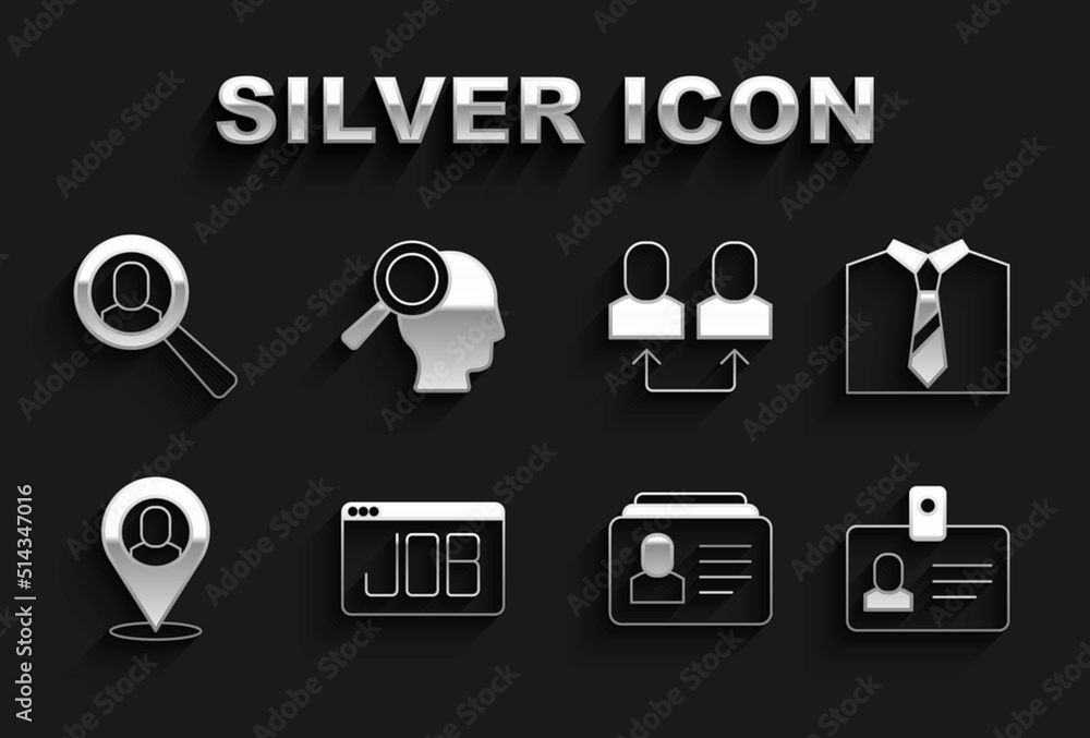 Set Search job, Tie, Identification badge, Resume, Worker location, Exchange work, Magnifying glass for search and icon. Vector Set Search job, Tie, Identification badge, Resume, Worker location, Exchange work, Magnifying glass for search and icon. Vector