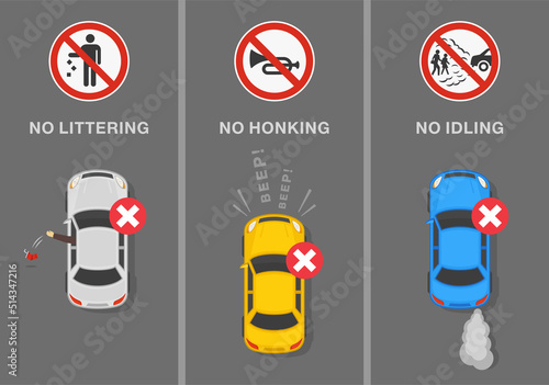 Traffic regulation tips and rules. Signs and road markings meaning. "No littering", "no honking" and "no idling" signs. Top view of city road. Flat vector illustration template.