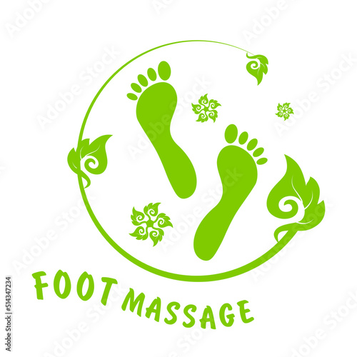 Foot massage concept in green. Reflexology. Foot massage logo with traditional thai ornament for your web site design, app, UI.  White background. EPS10.