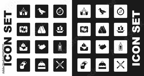 Set Compass, Mountains, Map of Iceland, Church building, Viking ship Drakkar, Albatross, Bottle vodka and Iceberg icon. Vector