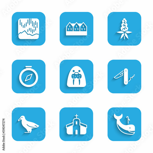 Set Walrus animal, Church building, Whale, Swiss army knife, Albatross, Compass, Lupine flower and Northern lights icon. Vector