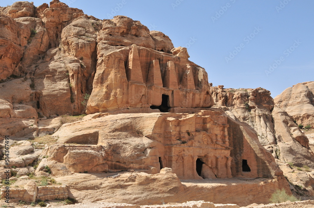 An ancient temple carved on rocks in Petra, Jordan