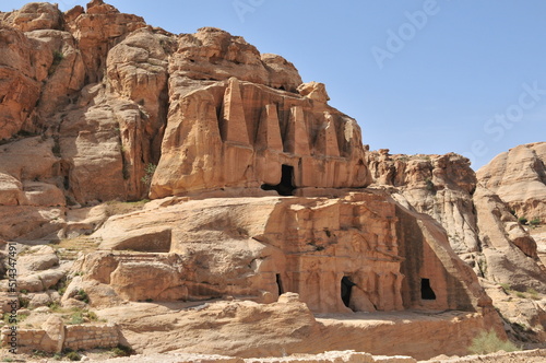An ancient temple carved on rocks in Petra, Jordan