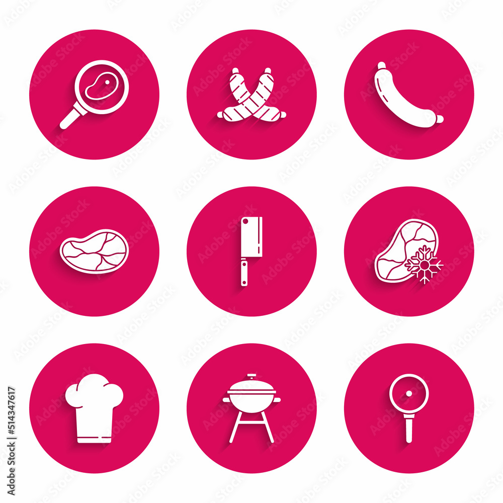 Set Meat chopper, Barbecue grill, Frying pan, Fresh frozen steak meat, Chef hat, Steak, Sausage and frying icon. Vector Set Meat chopper, Barbecue grill, Frying pan, Fresh frozen steak meat, Chef hat, Steak, Sausage and frying icon. Vector